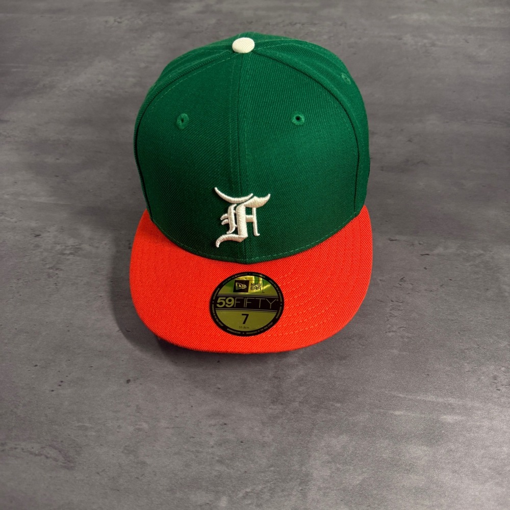 New Era Fear of God Essentials Hat Size 7 Green Orange 59FIFTY Fitted Wool Cap